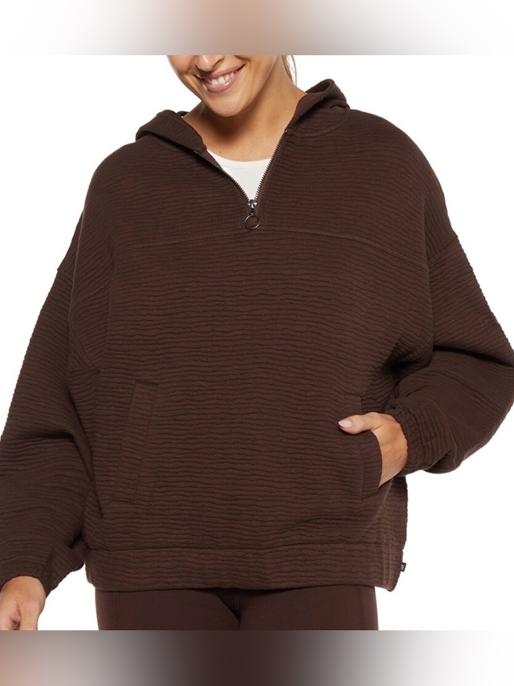 Marika Evy Brown Textured Ribbed 1/4 Zip Hoodie Sweatshirt Women’s Size Large